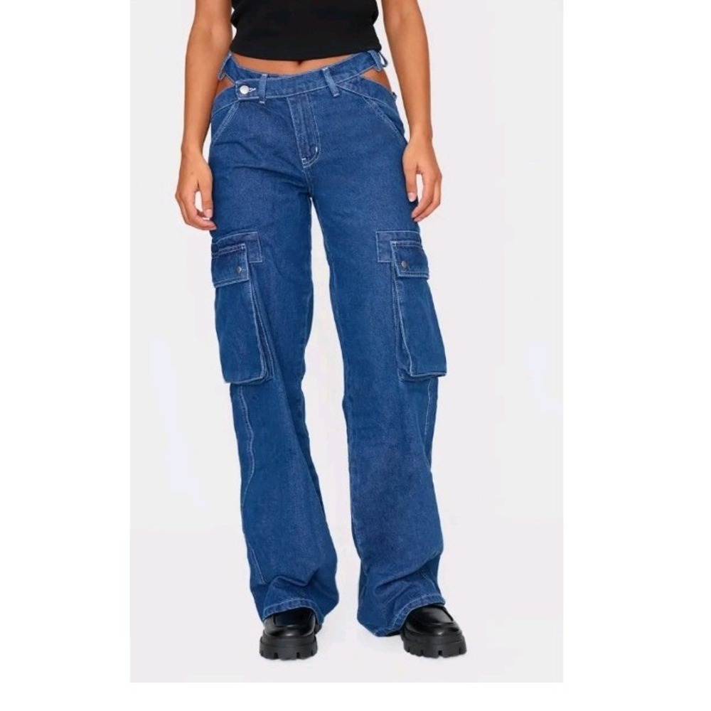 Pretty Little Thing Cargo Jeans Dark Denim Wide Leg Cut Out Waist Womens Size 10